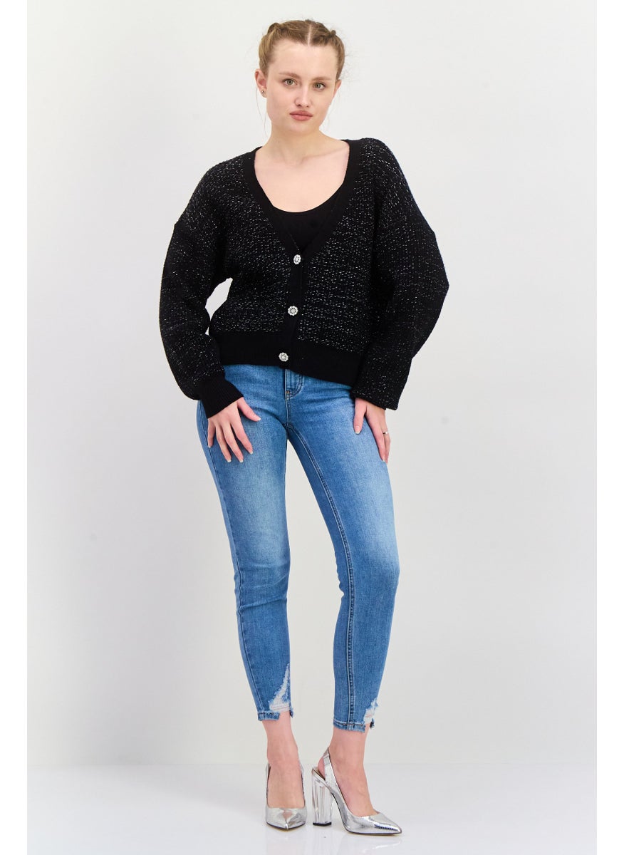 Women V Neck Long Sleeve Textured Cardigan, Black - pzsku/ZABEFCBF6809C1072AE35Z/45/_/1737642413/4fa03b0f-8a56-44a8-9eb0-5d49336bf3be