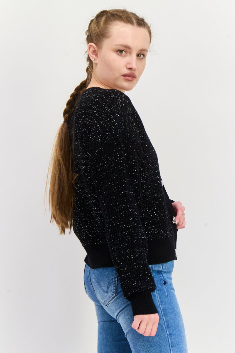 Black Tape Women V Neck Long Sleeve Textured Cardigan, Black - Image 2