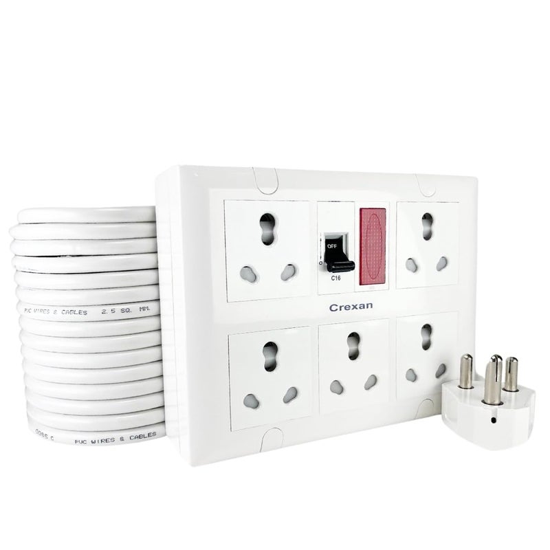 Crexan Extension Board 6A16A 15002500 Wattage with 16 Amp Socket 5nos with Safety Shutter 16A MCB with Power Indicator 25 Sqmm 3 Core White Copper Wire 2500 Wattage 16A Big Plug 2 Meter - Image 1