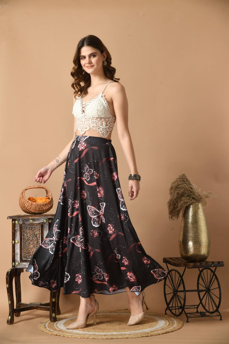 VAGISHA Designer Lehanga Style Full Flared Printed Floor Length Skirts For Women's/Girls/Ladies (X Large, Morpho Print), Black - Image 3