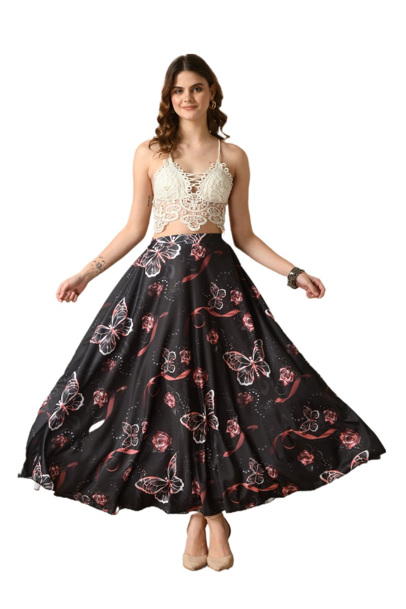 VAGISHA Designer Lehanga Style Full Flared Printed Floor Length Skirts For Women's/Girls/Ladies (X Large, Morpho Print), Black - Image 1