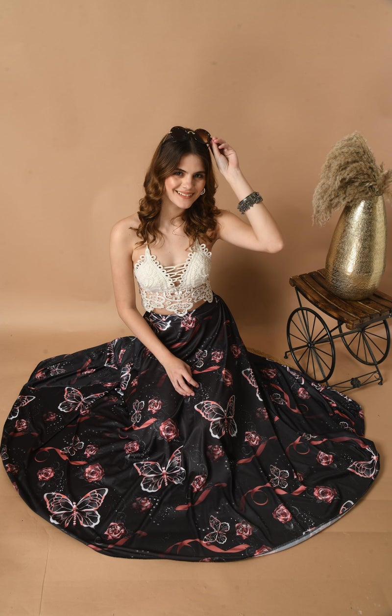 VAGISHA Designer Lehanga Style Full Flared Printed Floor Length Skirts For Women's/Girls/Ladies (X Large, Morpho Print), Black - Image 2