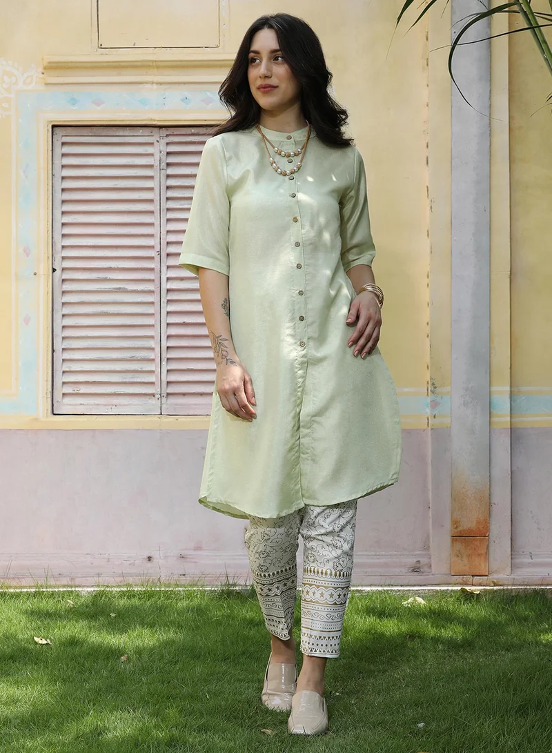QISSA Women's Mint Green Button-Up Shirt Kurta With Mint Green Trousers Set