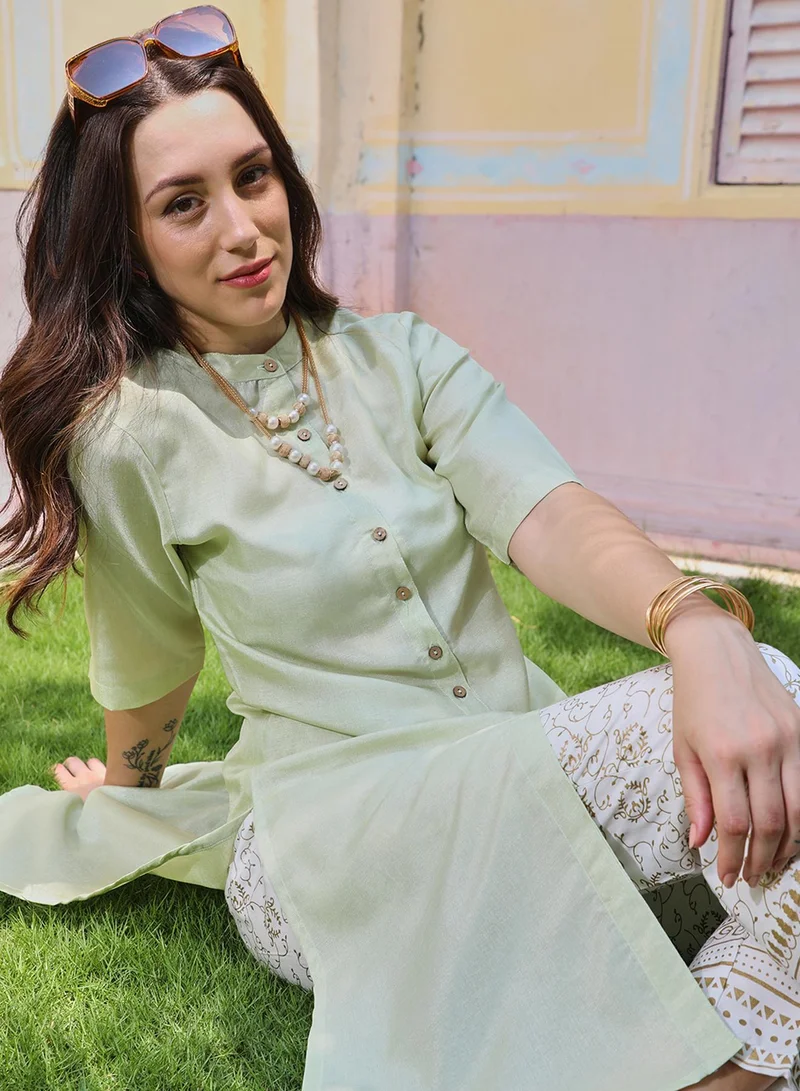 QISSA Women's Mint Green Button-Up Shirt Kurta With Mint Green Trousers Set