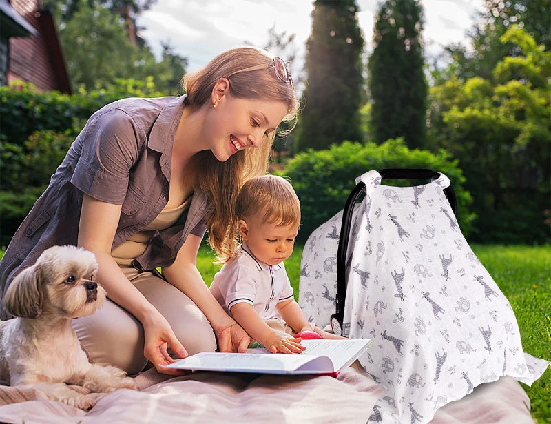 Metplus أغطية مقاعد سيارات للأطفال للأولاد والبنات، غطاء مقعد السيارة للأطفال من متبلس موسلين، أغطية حاملة خفيفة الوزن وقابلة للتنفس للمواليد، غطاء عربة أطفال بحجم كبير يناسب جميع المقاسات 47.2 × 35.4 بوصة، فيل وزرافة - Image 4