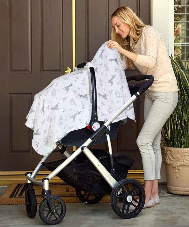 Metplus أغطية مقاعد سيارات للأطفال للأولاد والبنات، غطاء مقعد السيارة للأطفال من متبلس موسلين، أغطية حاملة خفيفة الوزن وقابلة للتنفس للمواليد، غطاء عربة أطفال بحجم كبير يناسب جميع المقاسات 47.2 × 35.4 بوصة، فيل وزرافة - Image 5