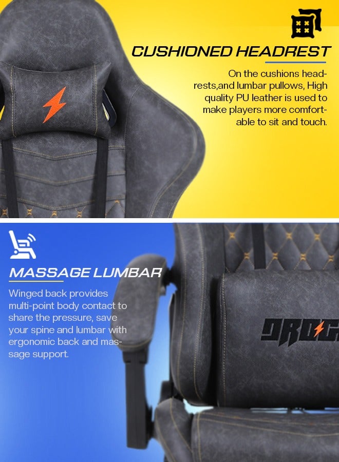 DROGO Gaming Chair Drogo Ergonomic  with 7 Way adjustable Seat PU Leather Material Desk Chair Head & USB Massager Lumbar Pillow Video Games Chair Home Office Chair with Full Reclining Back Footrest Grey - Image 3