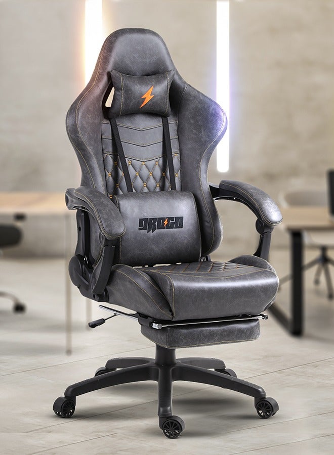DROGO Gaming Chair Drogo Ergonomic  with 7 Way adjustable Seat PU Leather Material Desk Chair Head & USB Massager Lumbar Pillow Video Games Chair Home Office Chair with Full Reclining Back Footrest Grey - Image 1