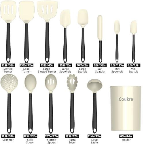 Coukre Silicone Kitchen Cooking Utensils Set with Holder – Heat-Resistant, Food-Grade Kitchen Tools, Spatula, Spoon & Gadgets for Non-Stick Pans, Dishwasher Safe (14, Beige) - Image 2