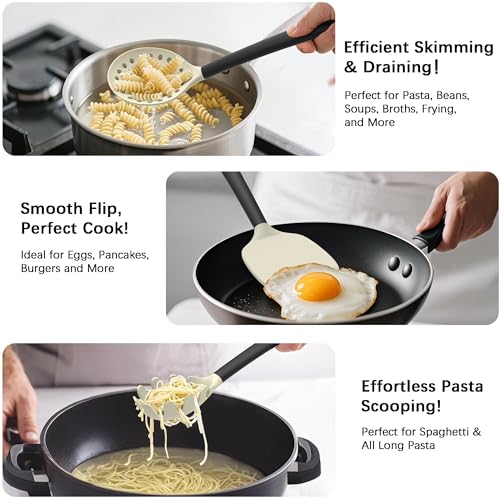 Coukre Silicone Kitchen Cooking Utensils Set with Holder – Heat-Resistant, Food-Grade Kitchen Tools, Spatula, Spoon & Gadgets for Non-Stick Pans, Dishwasher Safe (14, Beige) - Image 3