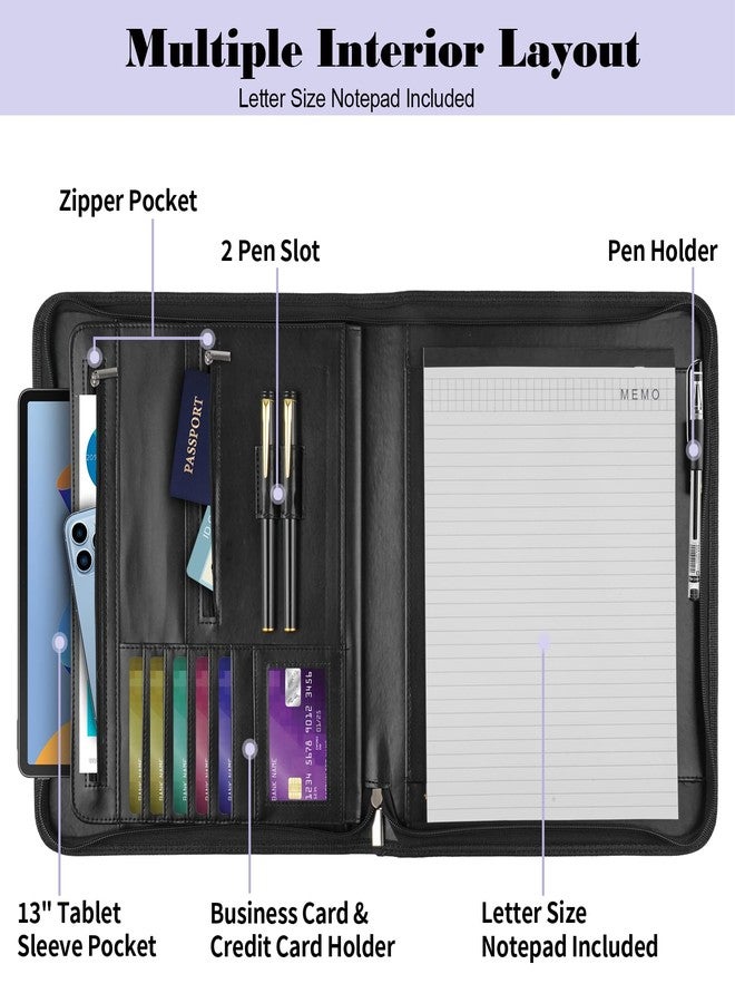 Mkobon Padfolio Portfolio Binder with Zipper, Faux Leather Folder Organizer, Professional Legal Writing Pad Document Holder, with Letter Size A4 Notepad for School Business Office Conference (Black) - Image 3