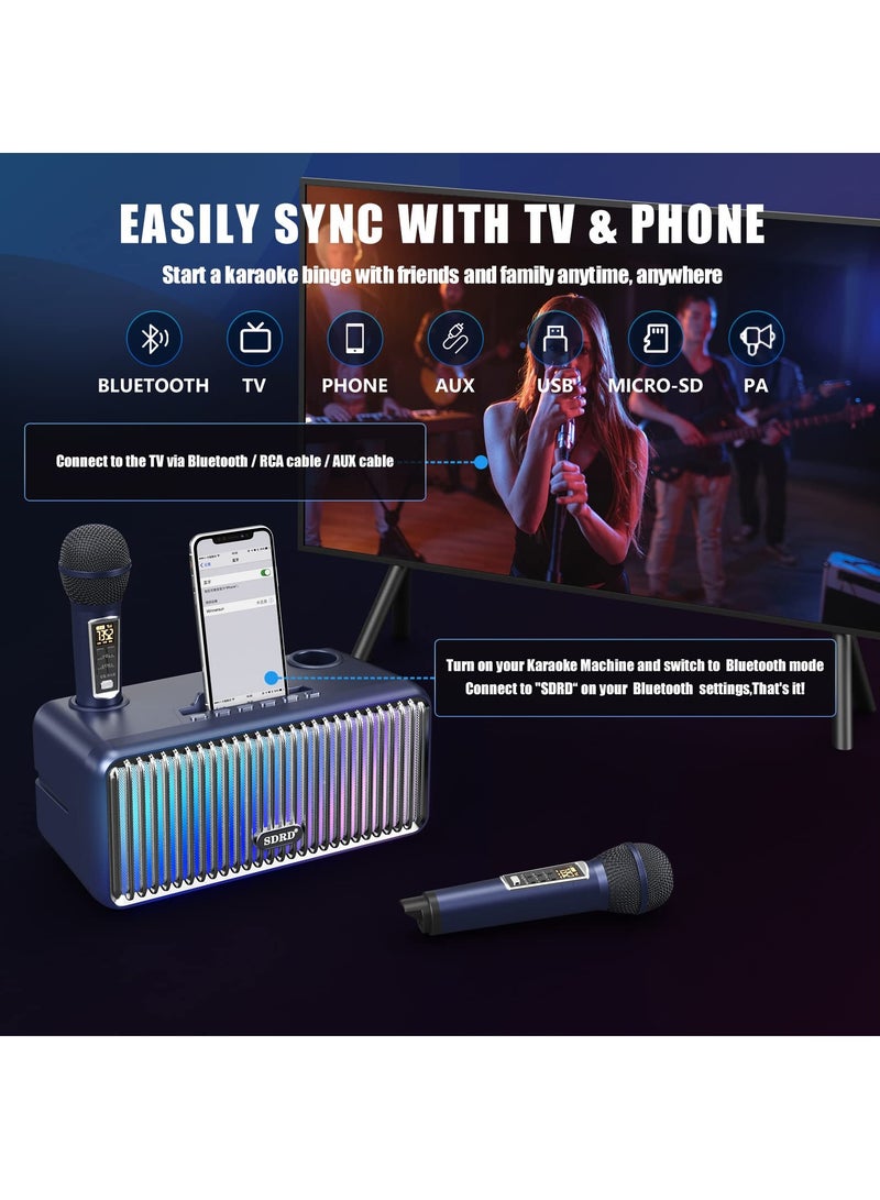 Portable Bluetooth Karaoke Speaker with 2 UHF Wireless Microphones for Adults and Kids - Colorful LED Lights for Home Parties and Weddings - Image 2