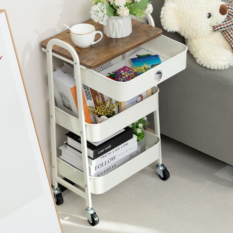 DOEWORKS Storage Trolley on Wheels Metal 3Tier Trolley Cart with Drawer Kitchen Trolley Rolling Beauty Trolleys for Room Bathroom Office White