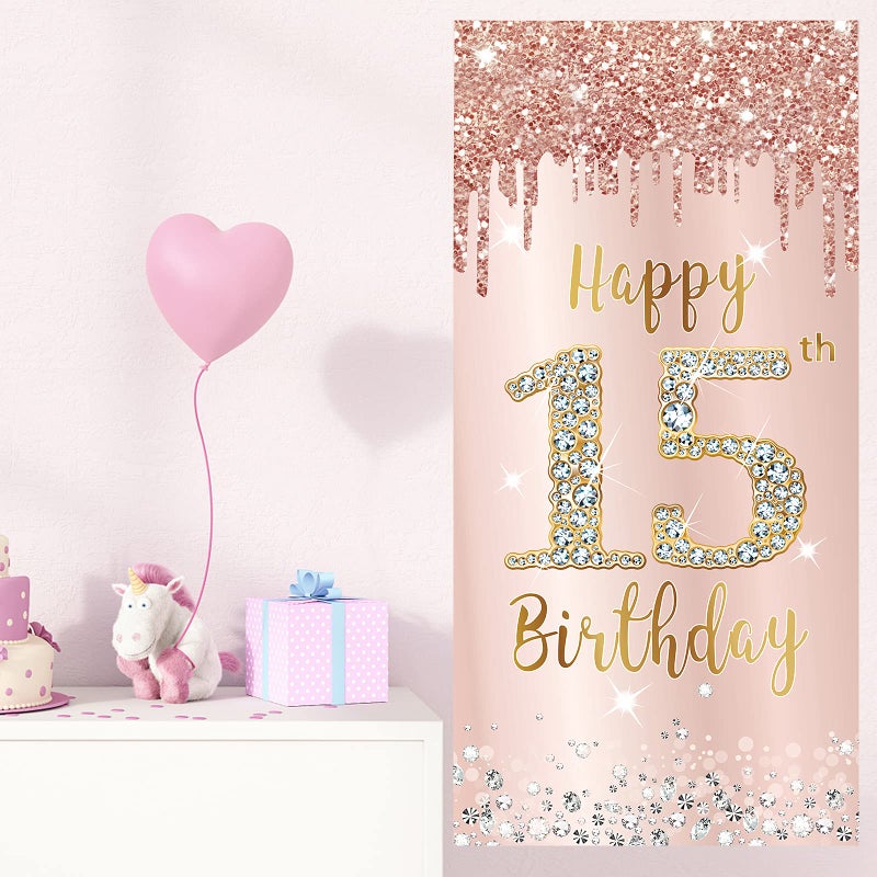 Excelloon Happy 15th Birthday Door Banner Decorations for Girls, Pink Rose Gold 15 Birthday Party Backdrop Door Cover Sign Supplies, Fifteen Year Old Birthday Poster Background Decor - Image 4