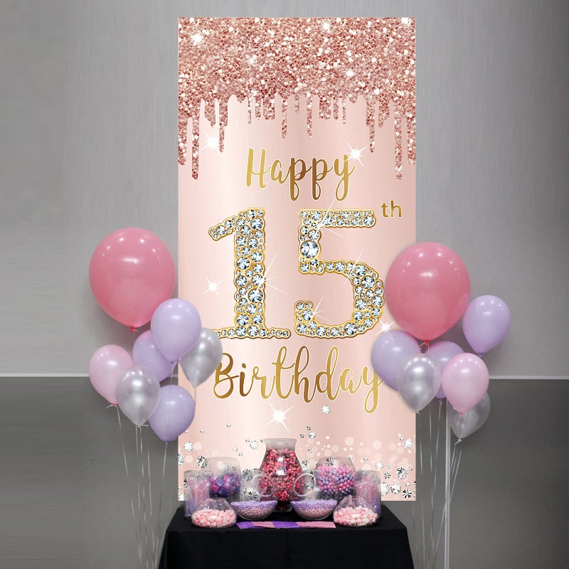 Excelloon Happy 15th Birthday Door Banner Decorations for Girls, Pink Rose Gold 15 Birthday Party Backdrop Door Cover Sign Supplies, Fifteen Year Old Birthday Poster Background Decor - Image 5