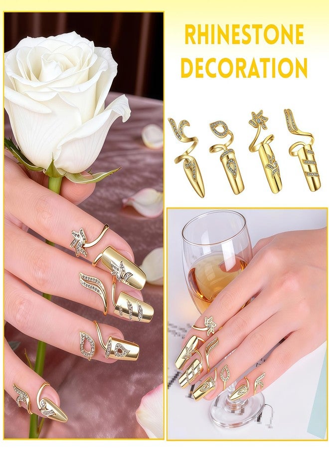Elandy 4PCS Small Fingernail Rings Set Rhinestones Finger Tip Rings Opening Ring Nail Decoration Protecting Gift Nail Art Charms Accessories(Gold) - Image 5