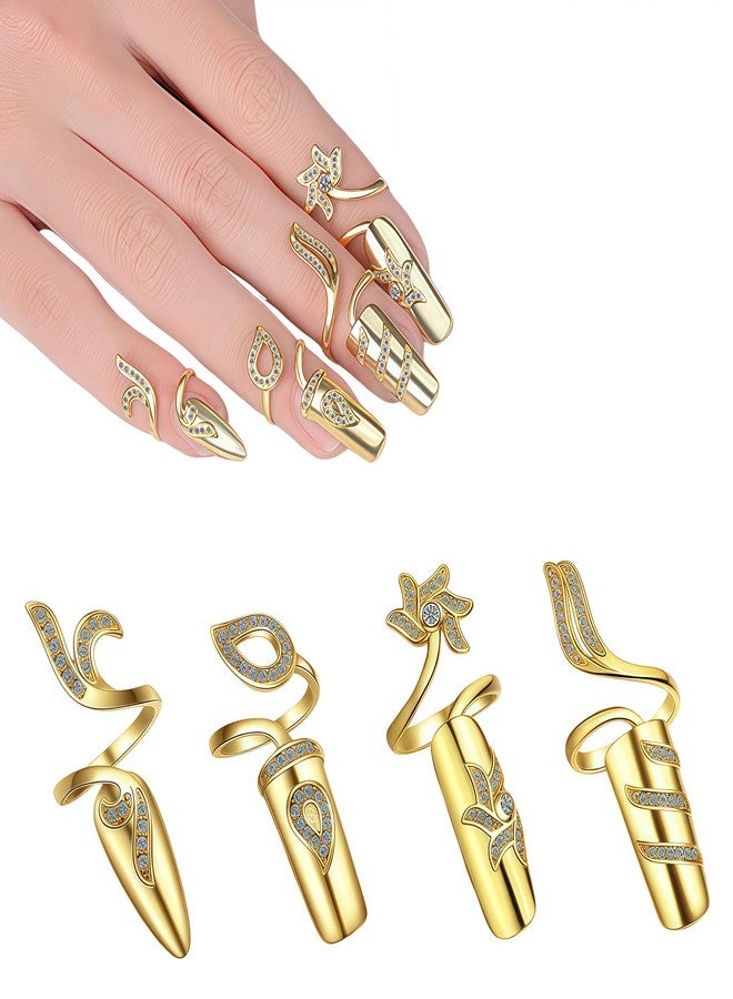 Elandy 4PCS Small Fingernail Rings Set Rhinestones Finger Tip Rings Opening Ring Nail Decoration Protecting Gift Nail Art Charms Accessories(Gold) - Image 2