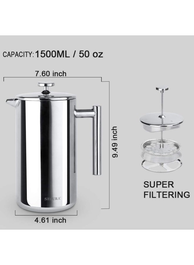 Secura French Press Coffee Maker 304 Grade Stainless Steel Insulated Coffee Press with 2 Extra Screens 50oz 15 Litre Silver - Image 5