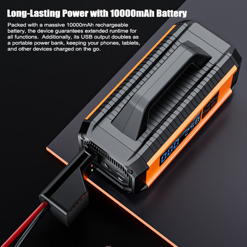 Car Jump Starter: 10000mAh Orange 4-in-1 Multifunction - Precision 5-Mode 150PSI Inflator Universal 12V Engine Starter for Roadside Emergencies Daily Use - Image 4