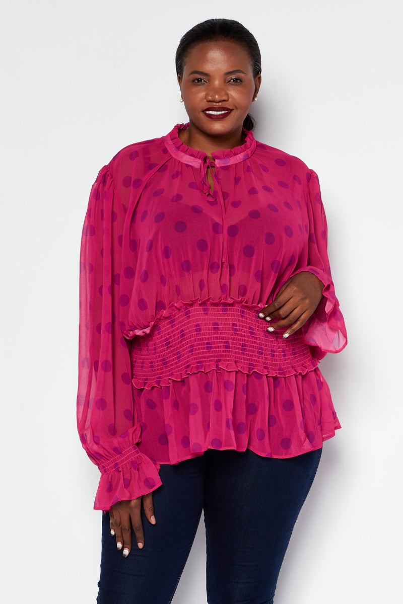 Asos Design Women Tie Neck Long Sleeve Polka Dots Print Casual Blouse, Pink  - Image 1