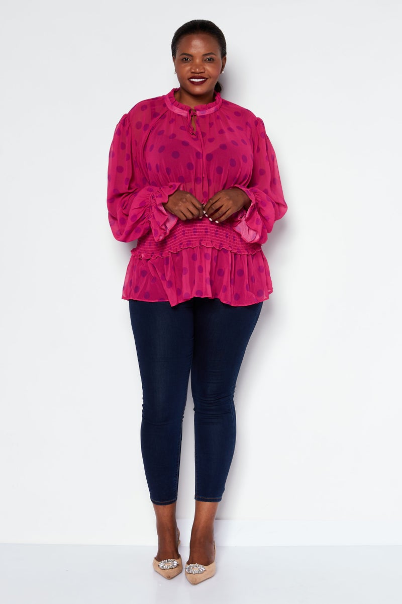 Asos Design Women Tie Neck Long Sleeve Polka Dots Print Casual Blouse, Pink  - Image 3