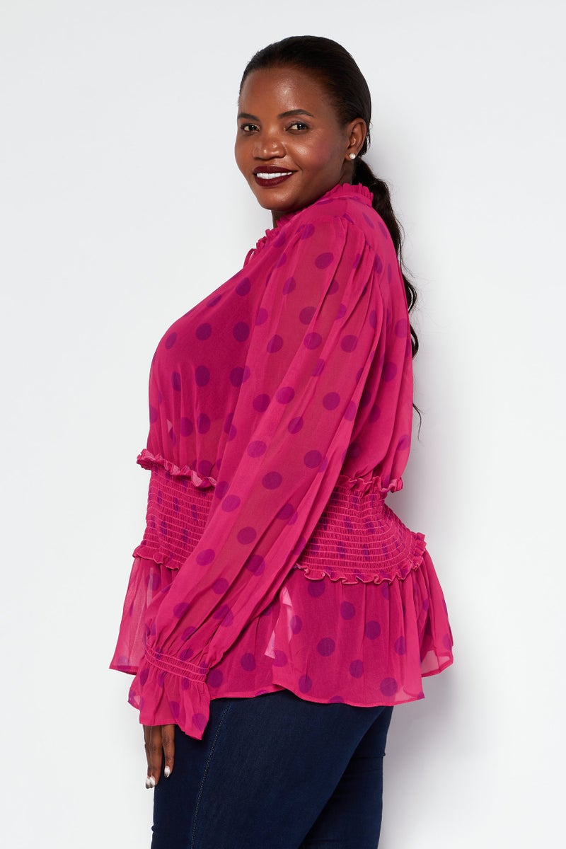Asos Design Women Tie Neck Long Sleeve Polka Dots Print Casual Blouse, Pink  - Image 2
