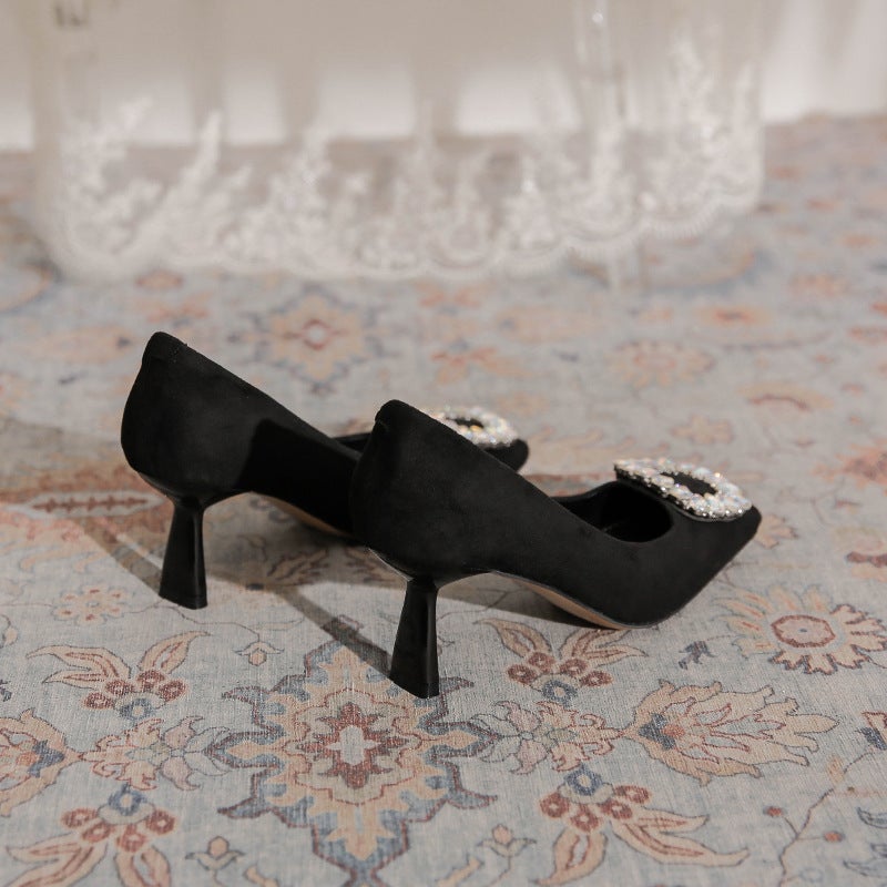 Korean Style Square Toe High Heels – Black Suede Slip-On Shoes for Women - Image 3