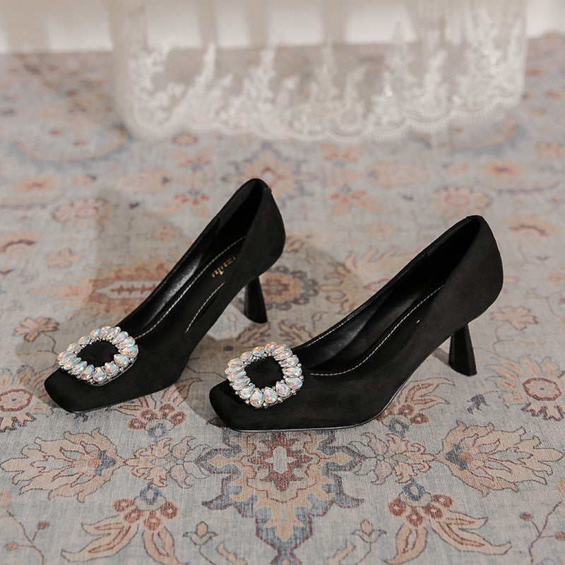 Korean Style Square Toe High Heels – Black Suede Slip-On Shoes for Women - Image 2