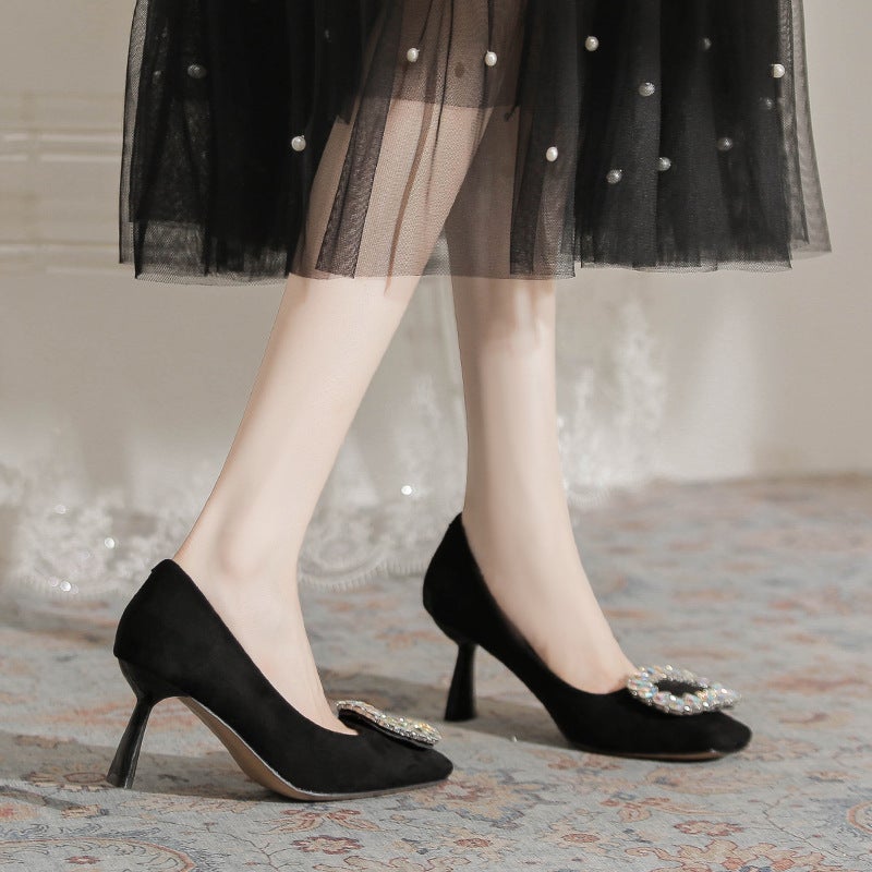 Korean Style Square Toe High Heels – Black Suede Slip-On Shoes for Women - Image 5