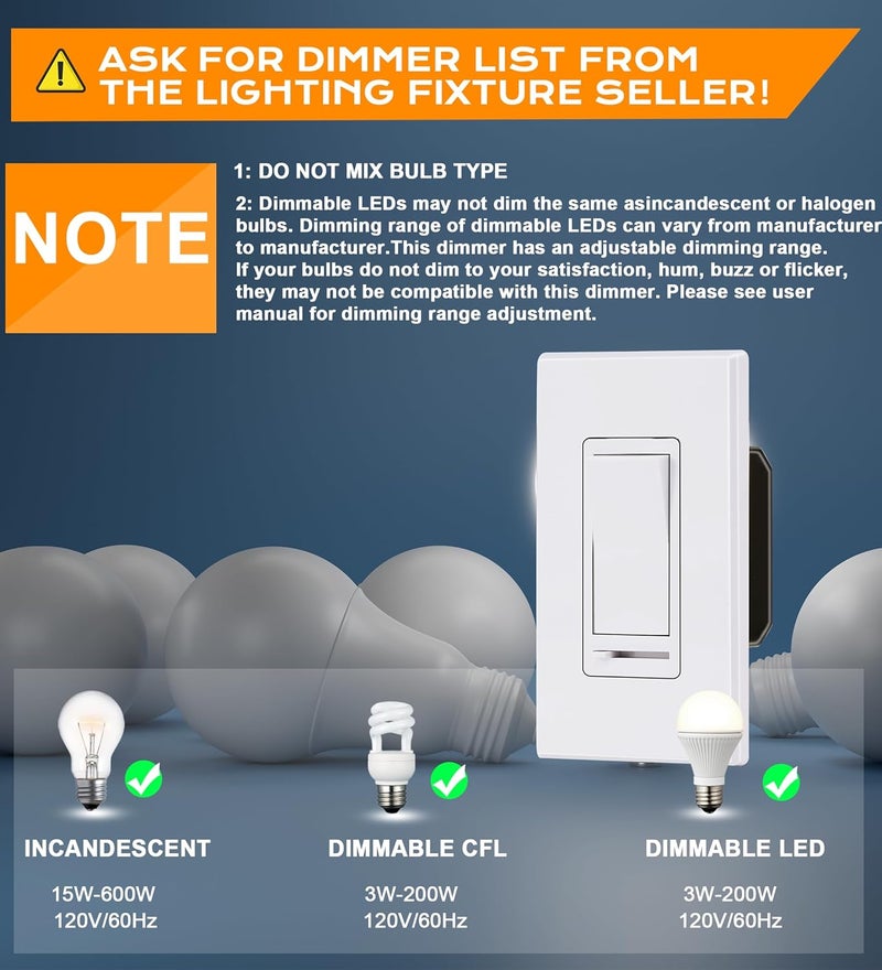 CLOUDY BAY in Wall Dimmer Switch for LED Light/CFL/Incandescent,3-Way Single Pole Dimmable Slide, 600W max Incandescent,150W max Dimmable LED/CFL, Cover Plate Included, Pack of 4 - Image 3