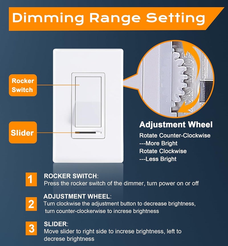 CLOUDY BAY in Wall Dimmer Switch for LED Light/CFL/Incandescent,3-Way Single Pole Dimmable Slide, 600W max Incandescent,150W max Dimmable LED/CFL, Cover Plate Included, Pack of 4 - Image 4