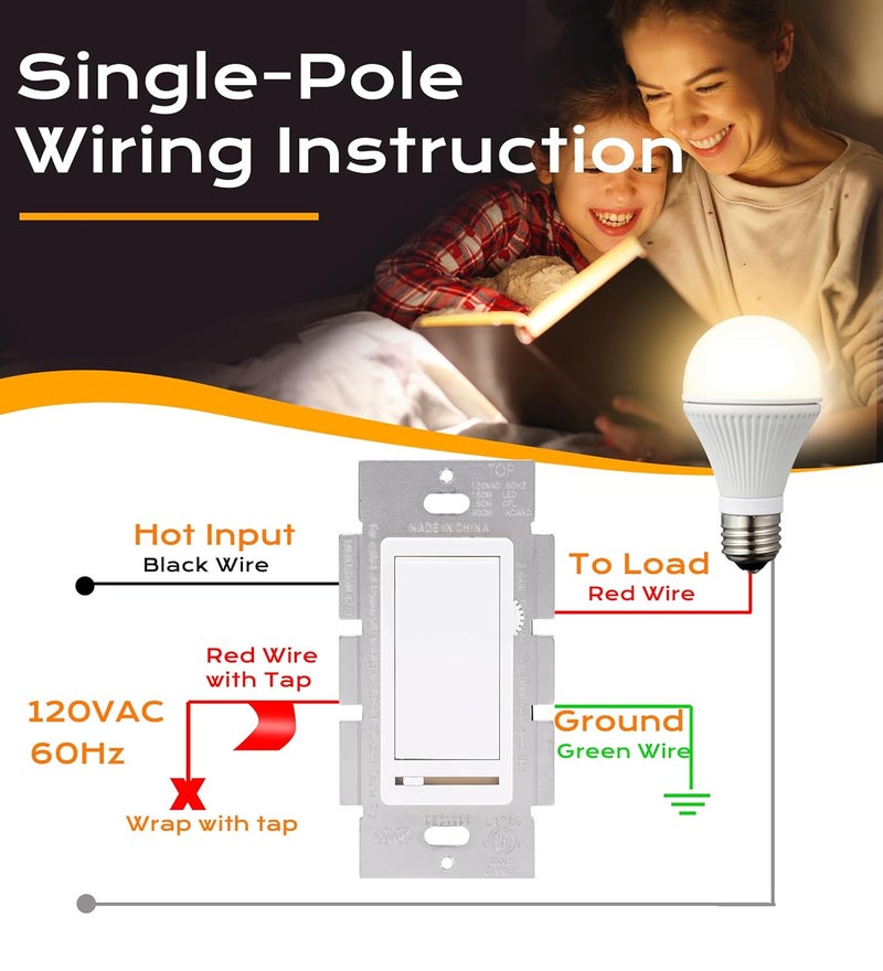 CLOUDY BAY in Wall Dimmer Switch for LED Light/CFL/Incandescent,3-Way Single Pole Dimmable Slide, 600W max Incandescent,150W max Dimmable LED/CFL, Cover Plate Included, Pack of 4 - Image 5