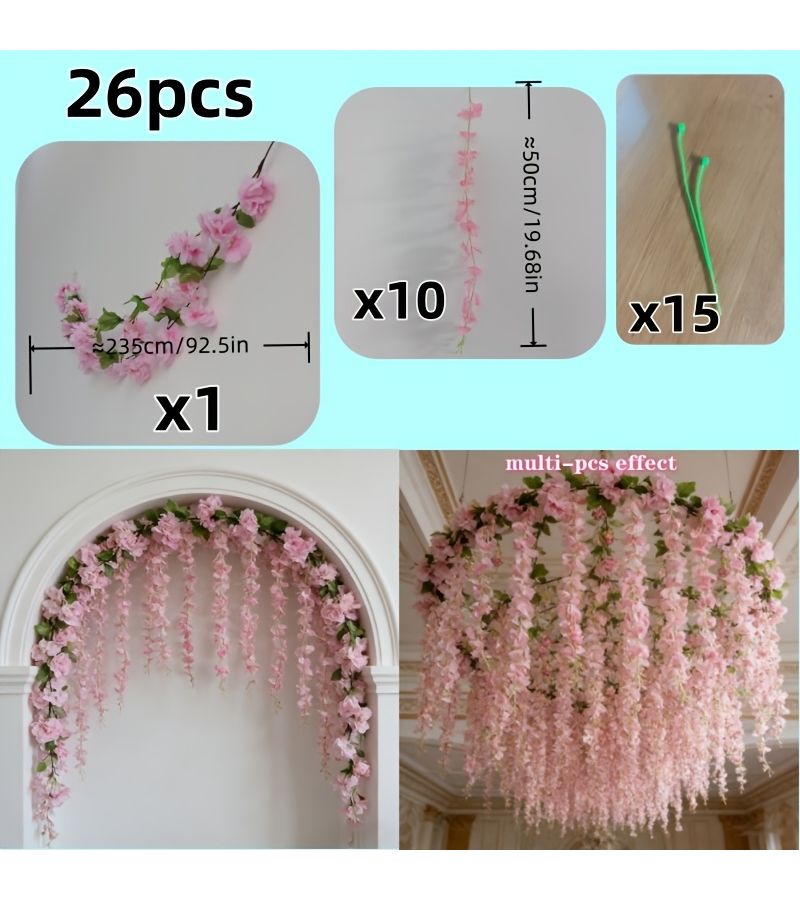 Pink Cherry Blossom Vine And Purple Wisteria Flower Strip Set For Wedding Party Decor - Image 3