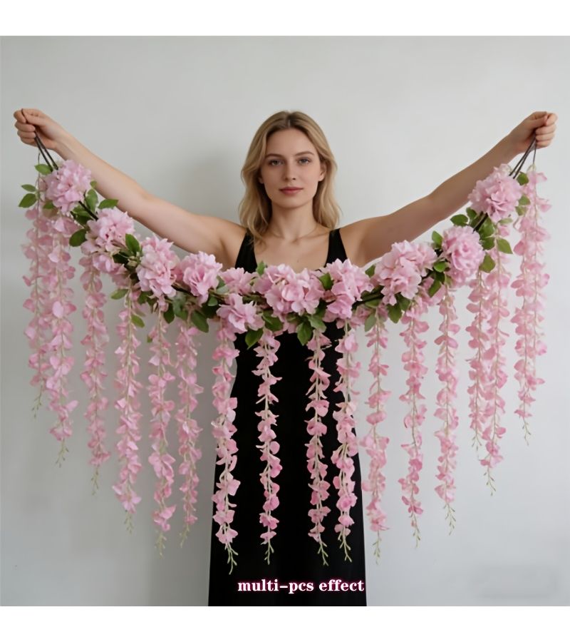 Pink Cherry Blossom Vine And Purple Wisteria Flower Strip Set For Wedding Party Decor - Image 1