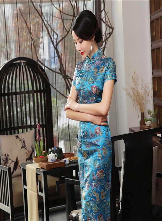 Loquat Short Sleeved Ten Button Long Skirt Lake Blue  - Image 1