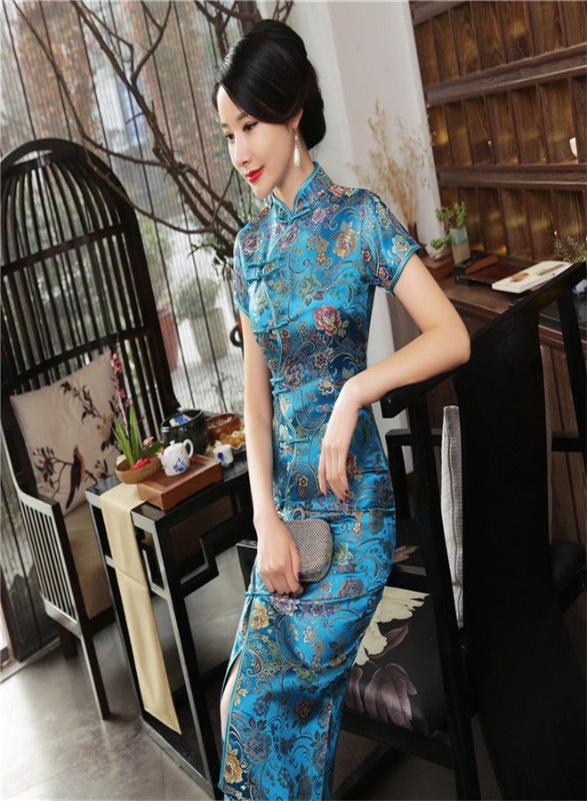 Loquat Short Sleeved Ten Button Long Skirt Lake Blue  - Image 2