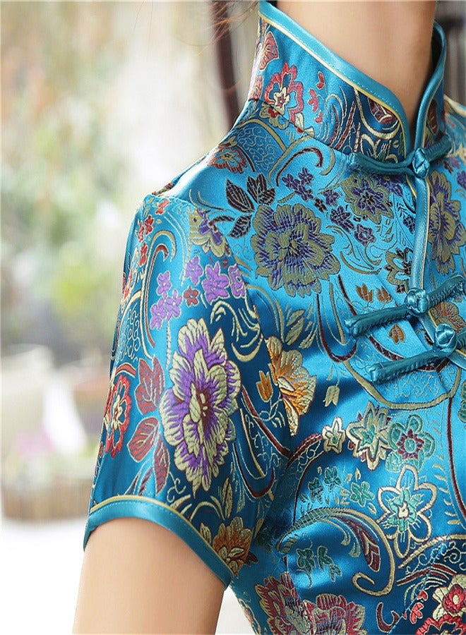 Loquat Short Sleeved Ten Button Long Skirt Lake Blue  - Image 4