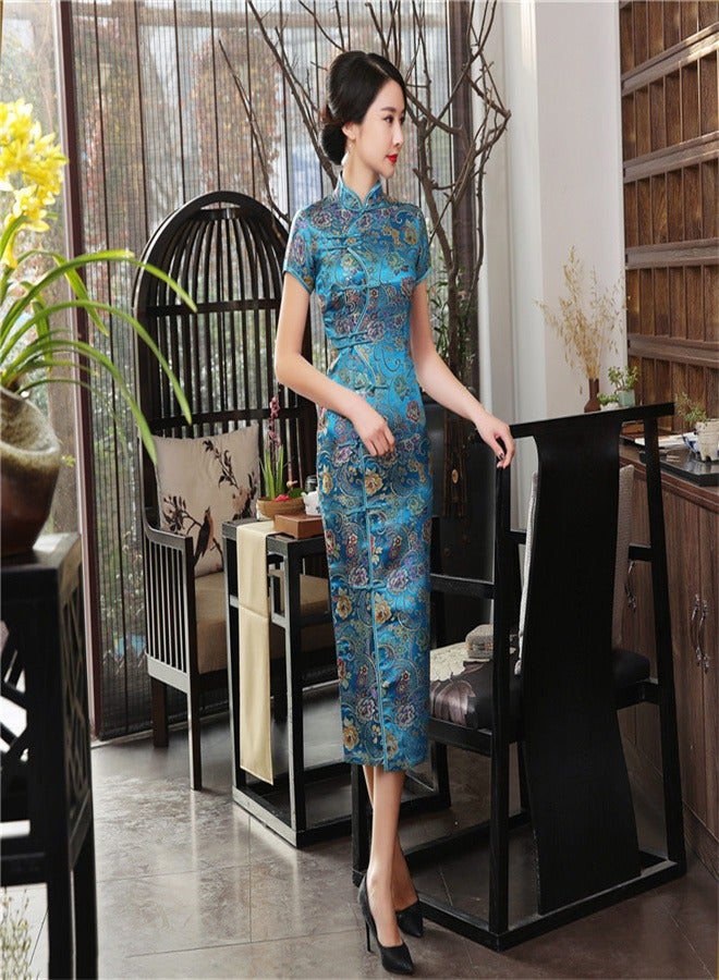 Loquat Short Sleeved Ten Button Long Skirt Lake Blue  - Image 3