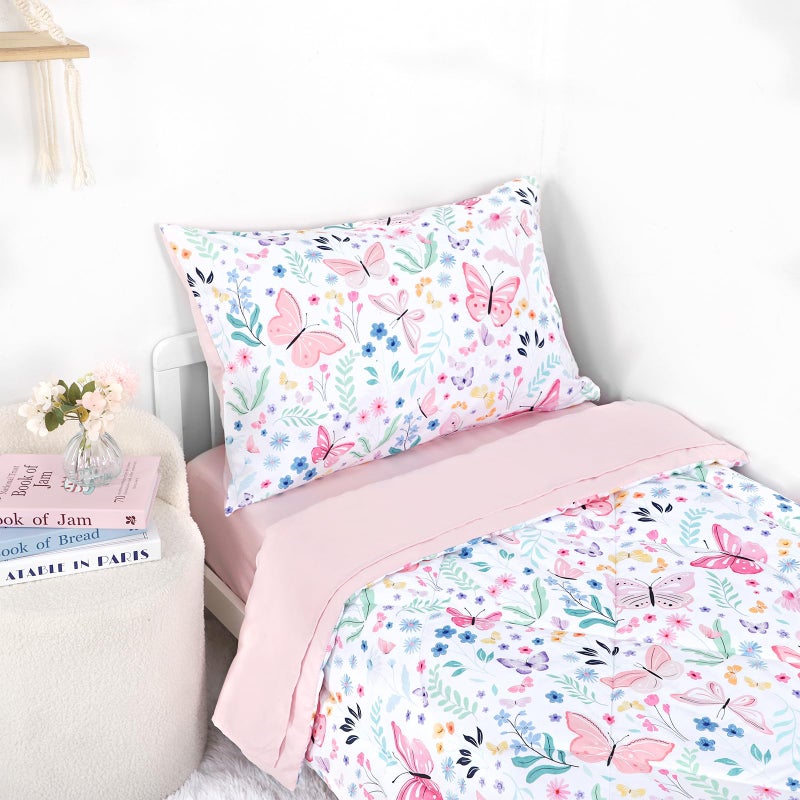 Jundetye Toddler Bedding Set for Girls 4 Pieces Butterfly, Soft Breathable Toddler Comforter Set, Flower Print, Includes Reversible Comforter, Fitted Sheet and Flat Sheet, Pillowcase - Image 4