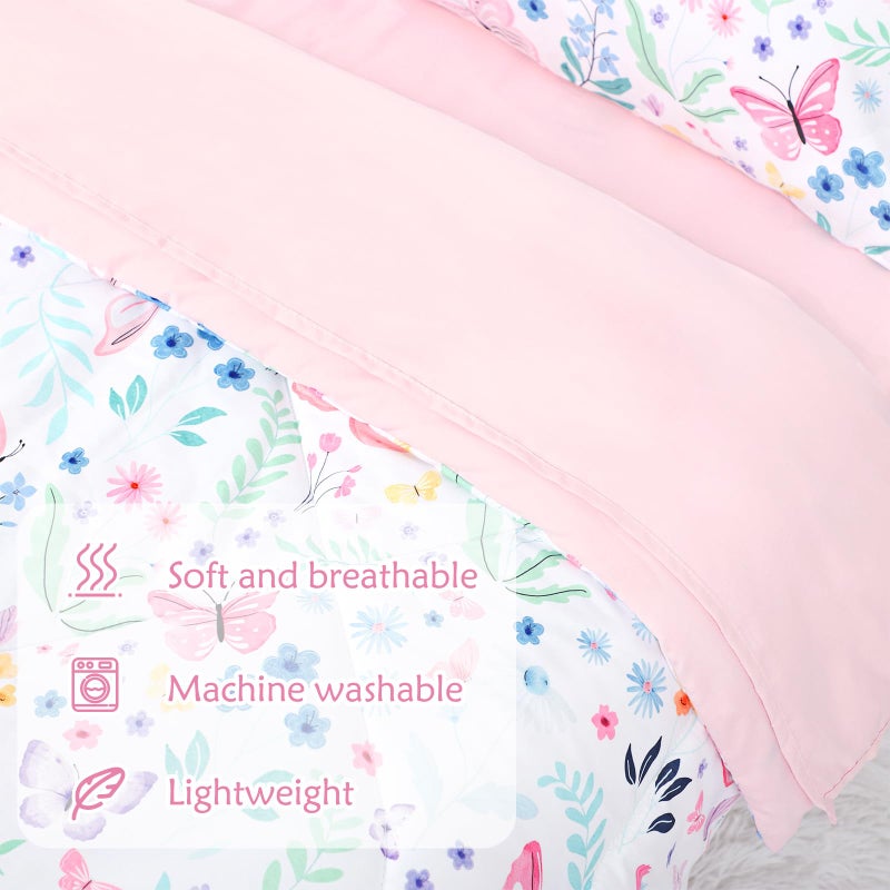 Jundetye Toddler Bedding Set for Girls 4 Pieces Butterfly, Soft Breathable Toddler Comforter Set, Flower Print, Includes Reversible Comforter, Fitted Sheet and Flat Sheet, Pillowcase - Image 2