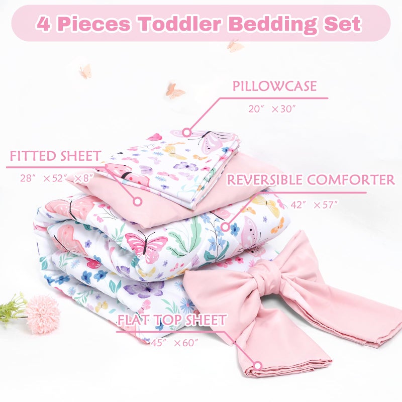 Jundetye Toddler Bedding Set for Girls 4 Pieces Butterfly, Soft Breathable Toddler Comforter Set, Flower Print, Includes Reversible Comforter, Fitted Sheet and Flat Sheet, Pillowcase - Image 5