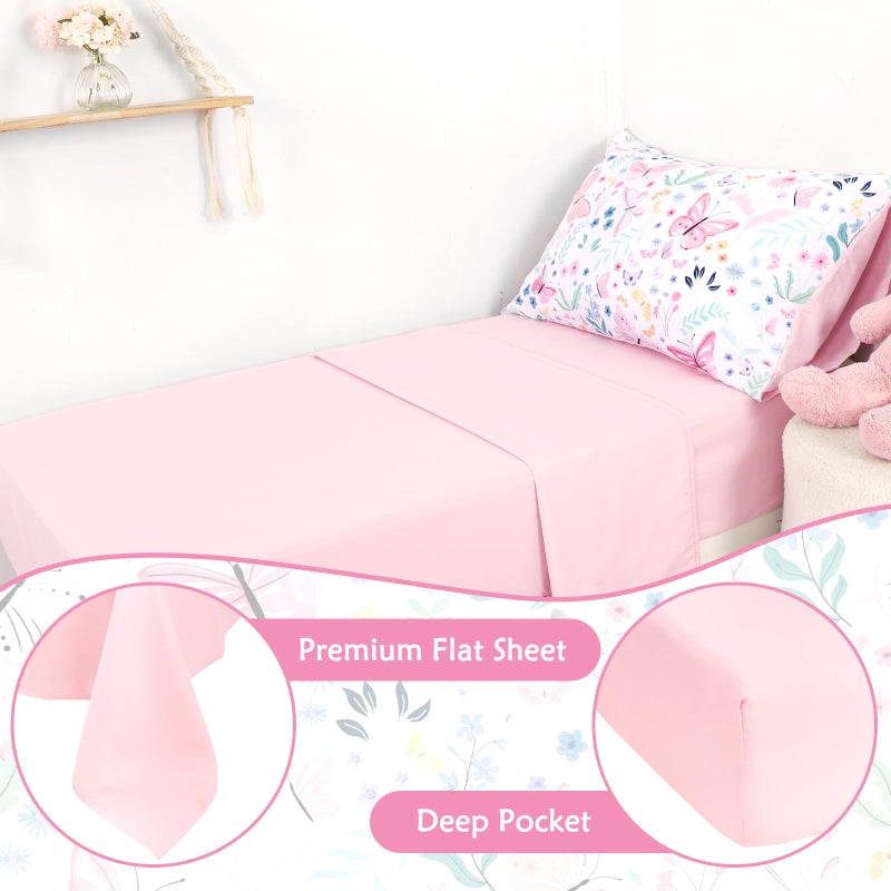 Jundetye Toddler Bedding Set for Girls 4 Pieces Butterfly, Soft Breathable Toddler Comforter Set, Flower Print, Includes Reversible Comforter, Fitted Sheet and Flat Sheet, Pillowcase - Image 3