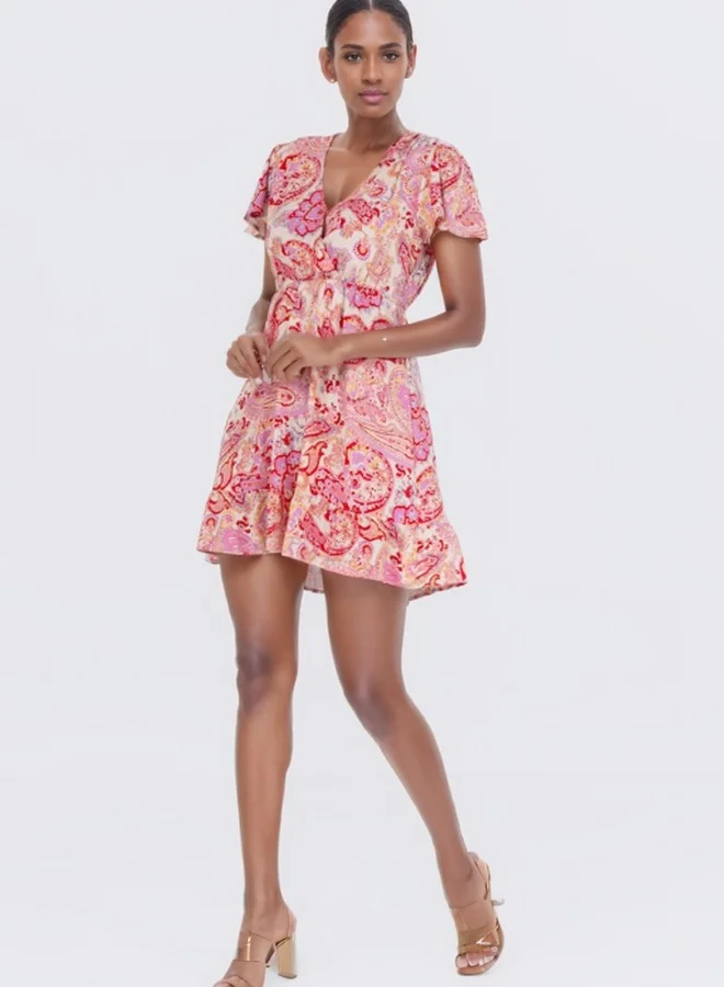 HaILYS Short Sleeve V-Neck Paisley Print Mini Dress - Multicolor