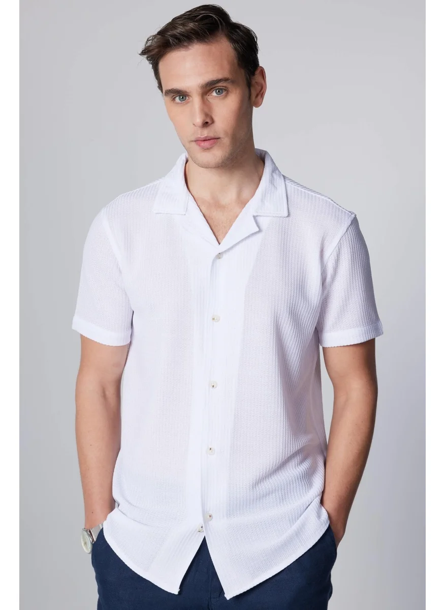 تودورس Slim Fit Short Sleeve Narrow Cut Open Collar Knitted Fabric Summer White Men's Shirt