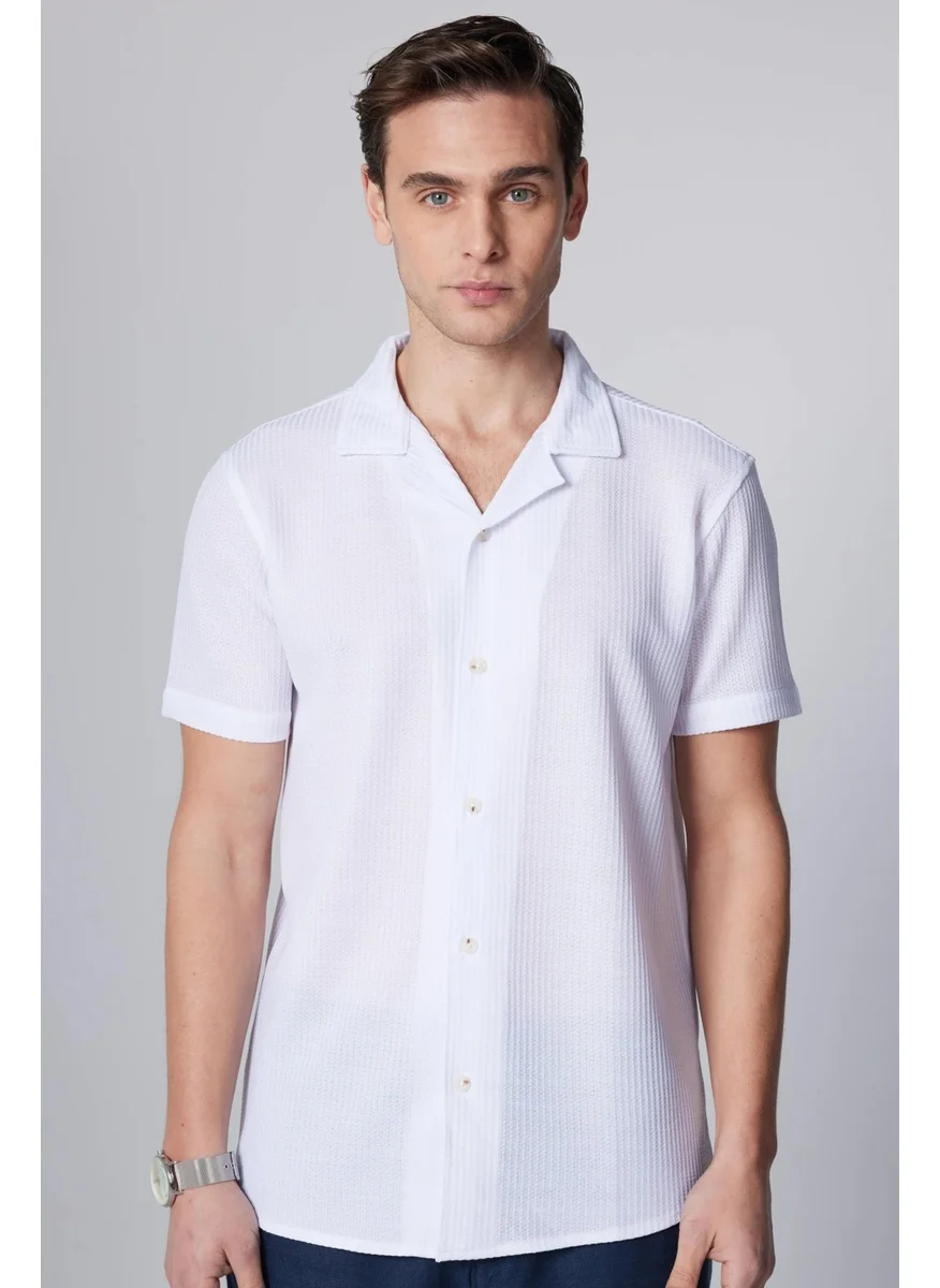 تودورس Slim Fit Short Sleeve Narrow Cut Open Collar Knitted Fabric Summer White Men's Shirt