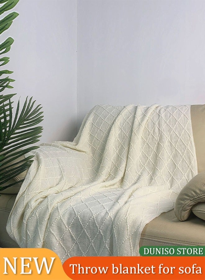 DUNISO Knitted Throw Blankets, tassel sofa cover blanket, geometric pattern air conditioning blanket, portable and soft, suitable for beds, sofas, travel, camping, 130 * 170cm, beige - Image 1