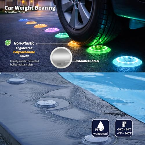 SHONELIGHTING Solar Driveway Lights, 48 LEDs 12-Color Changing Flat Dock Ground Lights, Waterproof Low Profile for Driveway, Walkway, Pool Deck, Patio, Pathway, Poolside (RGB-W, 8 Pack) - Image 3