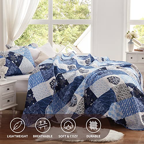 LEAONME King Size Quilt Set 3 Pieces Lightweight Reversible Bedspread-98''x106'' Soft Patchwork Floral Coverlet Luxurious Warm Microfiber Bed Cover All Seasons Blue Bedding Set(1 Quilt,2 Pillow Shams) - Image 2