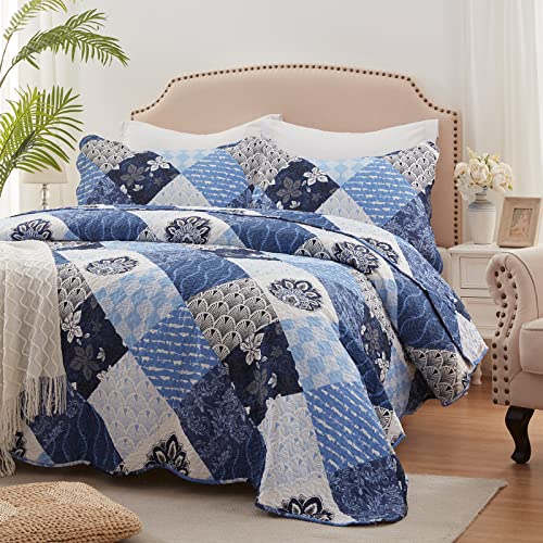 LEAONME King Size Quilt Set 3 Pieces Lightweight Reversible Bedspread-98''x106'' Soft Patchwork Floral Coverlet Luxurious Warm Microfiber Bed Cover All Seasons Blue Bedding Set(1 Quilt,2 Pillow Shams) - Image 1