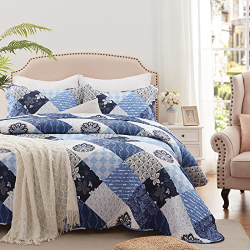LEAONME King Size Quilt Set 3 Pieces Lightweight Reversible Bedspread-98''x106'' Soft Patchwork Floral Coverlet Luxurious Warm Microfiber Bed Cover All Seasons Blue Bedding Set(1 Quilt,2 Pillow Shams) - Image 3